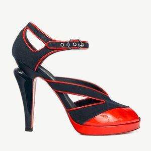 Chanel SS/08 Runway Navy Canvas & Red Patent Leather Sandals